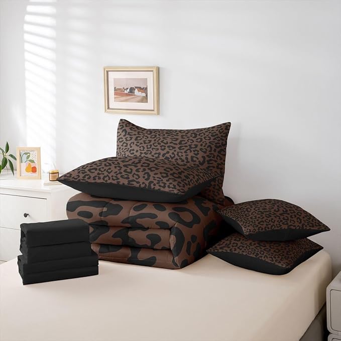 jejeloiu Brown Black Leopard Comforter Set with SheetsPillowcases &amp Cushion Cover Kids Animal Print 7 Piece Bedding Set Twin Size Safari Bed in a Bag for Women Men Room Decor Microfiber Cheetah