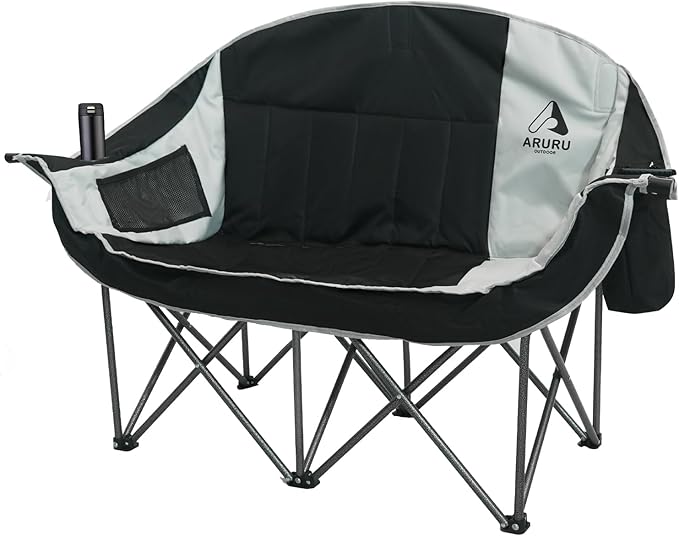 Double Camping Chair with Cooler Oversized Heavy Duty Loveseat for Adults Portable Folding 2 Person Camp Couch Padded Comfortable Two Seat for Outdoor Beach Lawn Tailgating Sports (Black Grey)
