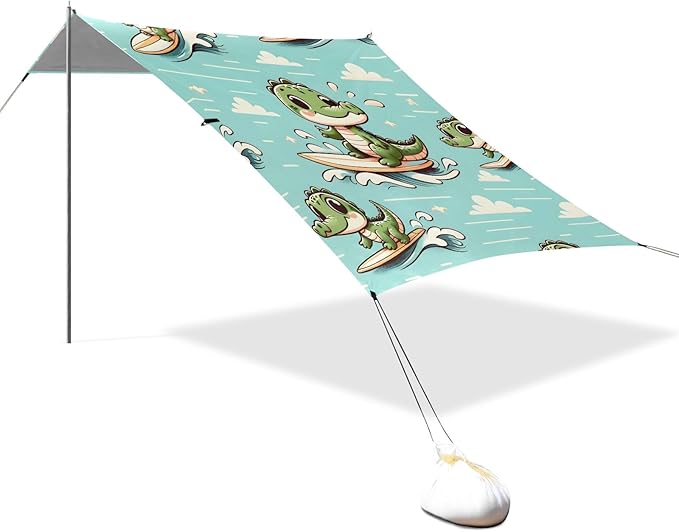 Cute Little Crocodile Surfing Camping Sun Shelter Beach Tent Portable Beach Sun Shade Outdoor Canopy for Camping Trips Fishing Picnic