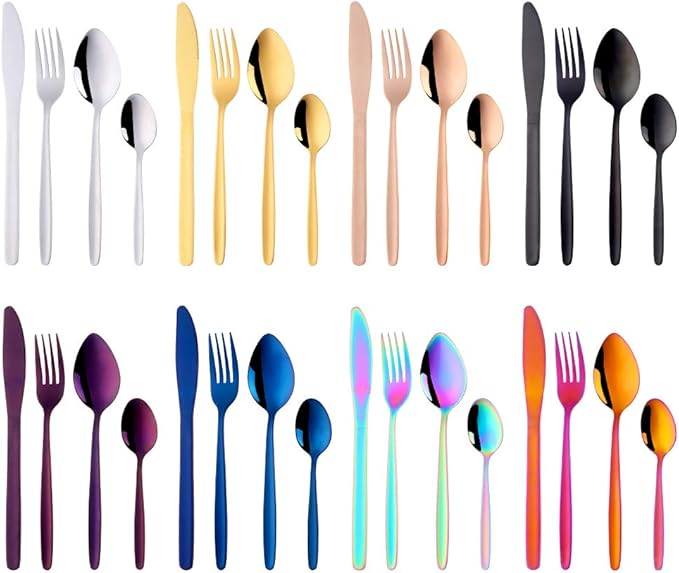 32-Piece Silverware Set for 8 BuyGo Stainless Steel Multicolor Camping Flatware Dinnerware Sets Hand Polish Dishwasher Safe