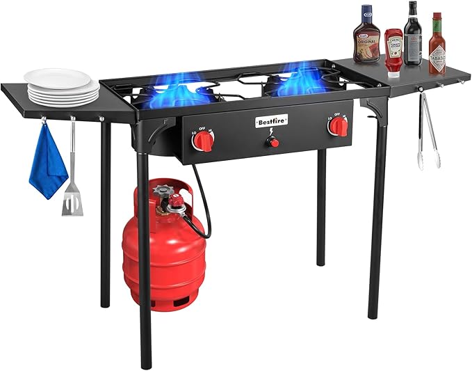 Bestfire 2 burner Camping Stove with Auto Ignition ButtonSide Shelves &amp Regulator150000 BTU High Pressure Gas Stove Propane Burner With Removable Legs for Outdoor BBQ&ampBackyard Cooking Campin