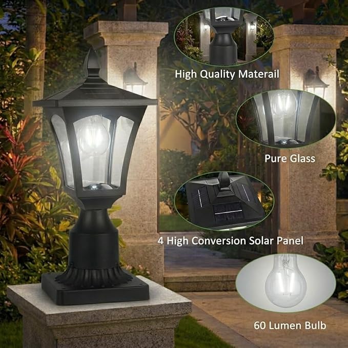 Outdoor Solar Lamp Post Light with Glass Shade &amp Pier Mount Base IP45 Waterproof Dusk to Dawn Solar Post Lantern Cool White for Driveway Path Garage Gate &amp Security Lighting