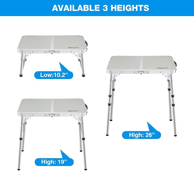 REDCAMP Small Folding Camping Table 2ft 3 Heights Portable Outdoor Folding Table Aluminum Camp Table Adjustable Height Lightweight for Picnic Cooking Beach