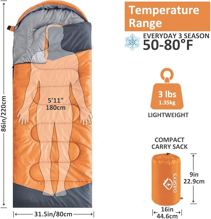 oaskys Camping Sleeping Bag - 3 Season Warm &amp Cool Weather - Summer Spring Fall Lightweight Waterproof for Adults Kids - Camping Gear Equipment Traveling and Outdoors