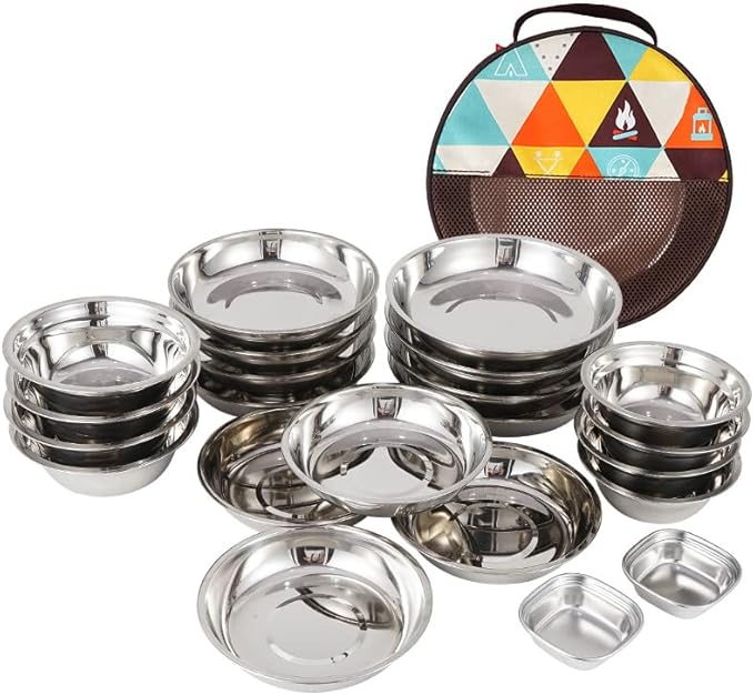 22PCS Service Plate Set with Travel Bag Stainless Steel Plates and Bowls Camping Set for Outdoor Camping Hiking Picnic BBQ Beach