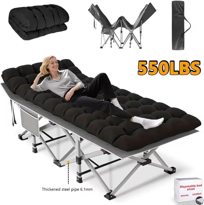 1200D Oxford Canvas Folding Camping Bed Adult Soft Foam Mat and Carrying Bag - Double Deck PortableOutdoor Folding Chair with MattressCamping Equipment (Black-550(with Disposable Sheet))