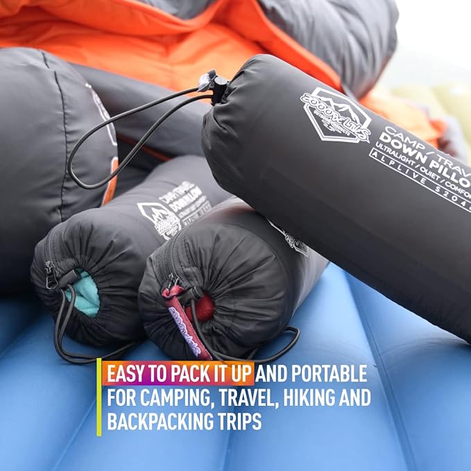 ZOOOBELIVES Down Filled Camping Pillow for Travel Washable Soft Cover Small Camp Cushion for Neck &amp Lumbar Support On-The-Go Ultralight &amp Compressible for Hiking Backpacking - AlpliveS2046