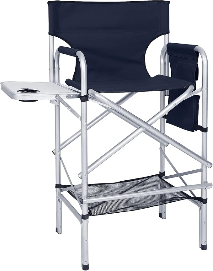 ABCCANOPY Folding Tall Directors Chair Outdoor Camping Chair Makeup Artist Chair with Side Table &amp Pockets Navy Blue
