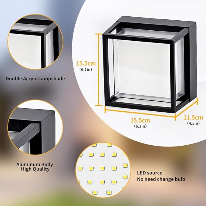 2 Pack LED Modern Outdoor Square Wall Sconce Light 3000K 12W 1200LM Bright Porch Patio Lights IP65 Waterproof Exterior Lighting for House Front Door Backyard