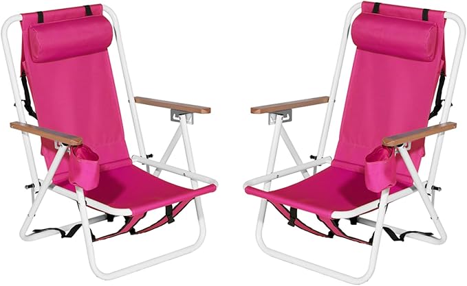 Set of 2 Folding Backpack Beach Chairs for AdultsOutdoor Folding Heavy Duty Camping Chair with Large Pockets and Cup HolderAdjustable high Beach Lounge Chairs for OutdoorTravel (Pink)
