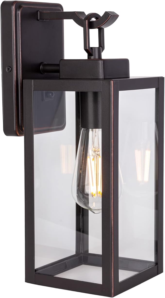 LIT-PaTH Outdoor Wall Lantern Wall Sconce as Porch Lighting Fixture E26 Medium Base Max 60W Anti-Rust Metal with Glass Shade Oil Rubbed Bronze Finish 1-Pack