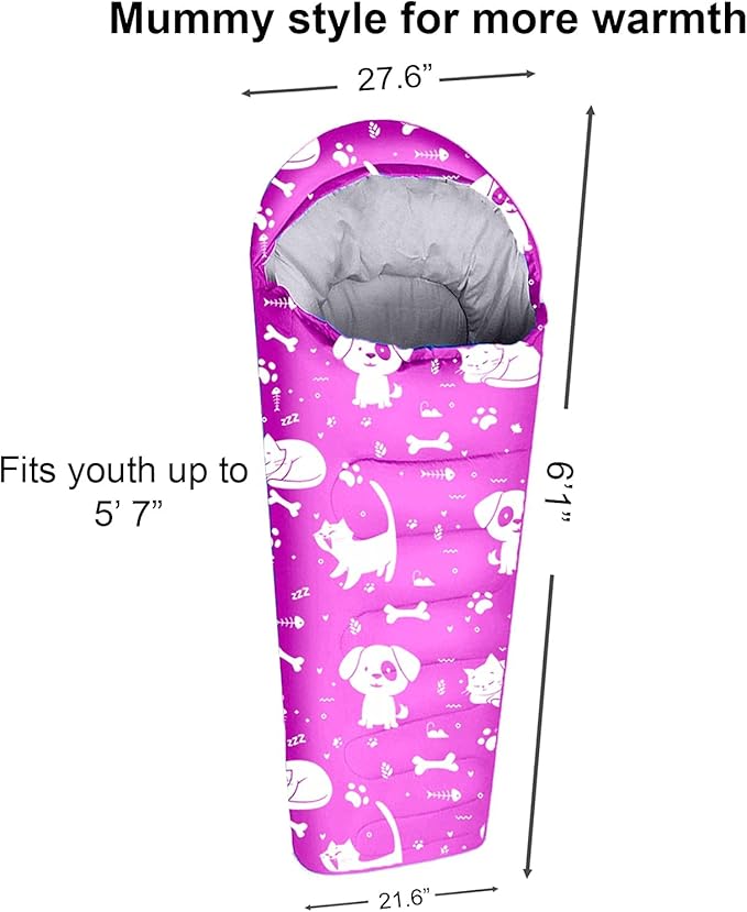 KidzAdventure Mummy Style 32 – 59F Kids Sleeping Bag with Pillow Sleeve 4 Season Lightweight and Backpacking Style Ideal for Camping Sleepover Boys Girls Youth and Toddlers