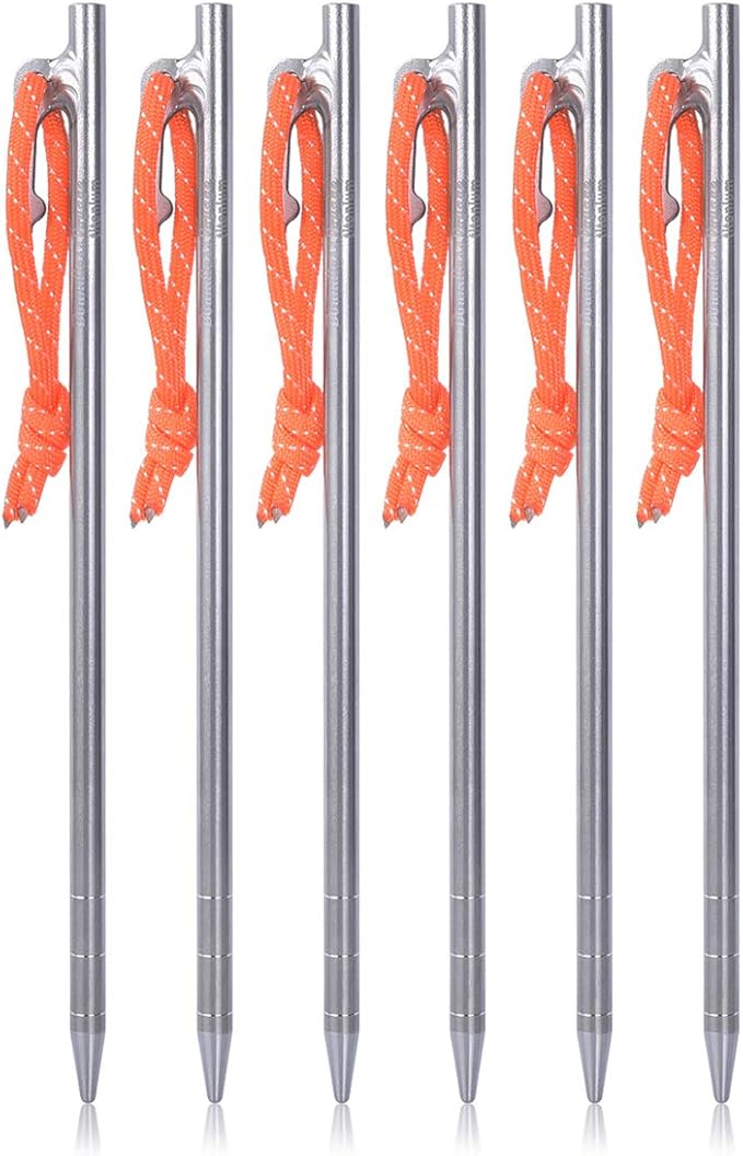 iBasingo 6-Pack Titanium Tent Stakes 20/24/30/35/40cm with Reflective Ropes Ultralight Backpacking Stakes for Camping Hiking Picnic Corrosion-Resistant &amp Durable Ground Pegs Ti4012P