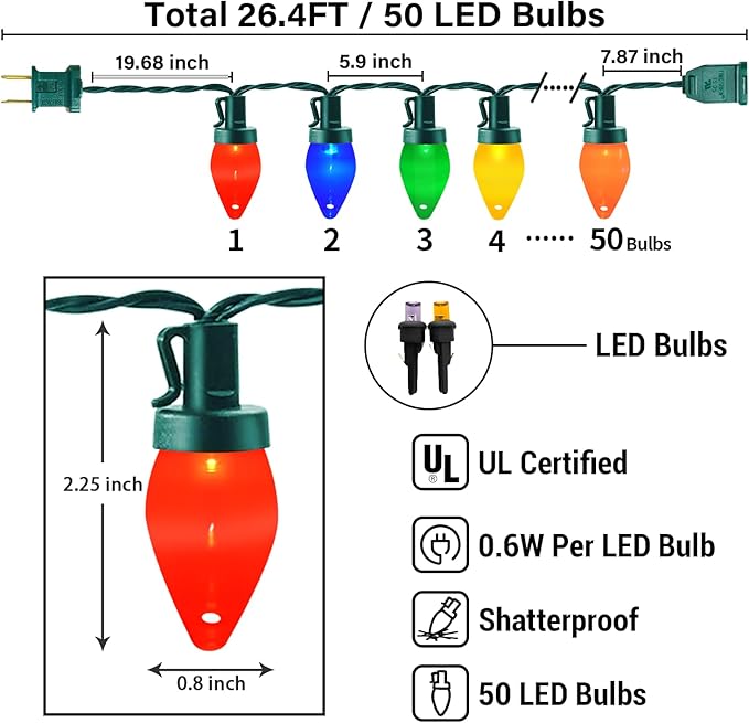 26.4Ft - 50 LED Bulbs Multicolor C7 LED Christmas Lights Outdoor Big Bulb Colored Christmas Tree Lights Plug in Colorful C7 String Lights for Multicolored Indoor Outdoor Xmas Decorations 0.6W = 7W