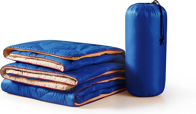 UNIKOME Waterproof Puffy Camping Blanket - Lightweight Packable Outdoor Quilt with Corner Loops Warm Compact Blanket for Cold Weather Hiking Picnic Stadium Travel 75×52 Blue
