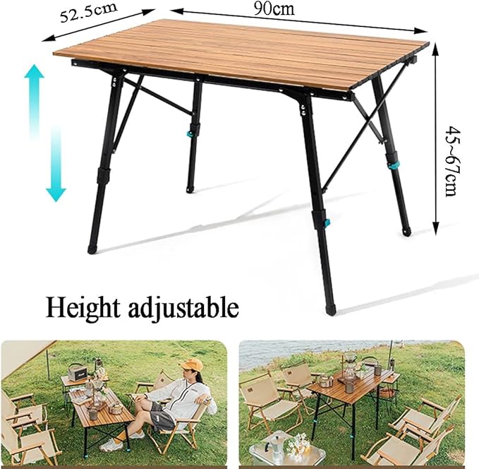 Folding Camping Table Height Adjustable Portable Imitation Wood Grain Aluminum Camp Table Desk Lightweight Durable Roll Up Picnic Tables