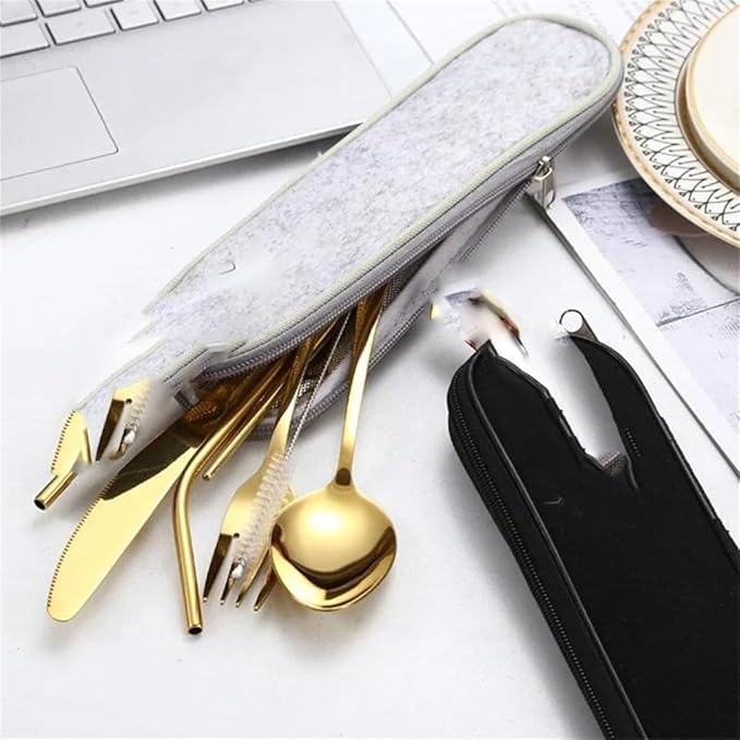 8Pcs Tableware Reusable Travel Cutlery Set Camp Utensils Set with Stainless Steel Spoon Fork Chopsticks Straw Portable Case