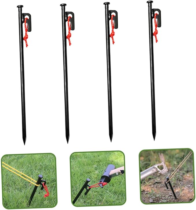 Kisangel 8pcs Heavy Duty Metal Tent Pegs with Rope 30cm Black Ground Stakes Set for Outdoor Camping Tarp Fixing and Windproof Tent Anchors with Storage Bag