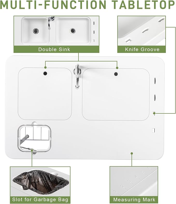 Outvita Folding Portable Camping Sink Table with Sink Faucet Drainage Hose &amp Grid Rack White