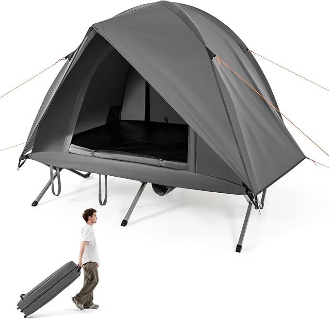 Tangkula 2 Person Tent Cot Portable Off Ground Elevated Camping Tent with Cot Removable Rainfly Wheeled Bag Stakes &amp Wind Ropes for Beach Picnic Hiking Travel