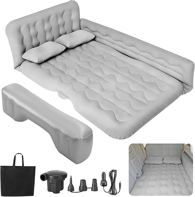 SUV Air Mattress - Thickened Double-Sided Flocking Travel Inflatable Mattress Bed With Electric Air Pump and 2 Pillows for Car Home Outdoor and Travel - Grey