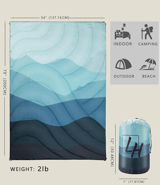 Outdoor Puffy Camping Blanket Lightweight Down Alternative Puffy Waterproof Stadium Blanket with Portable Bag Lightweight Camping Blanket for 2 People Cold Weather Sports Travel Car 79*54 inch