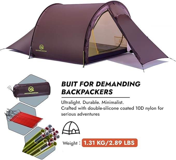 Gale Lite 2 Ultralight 2-Person Tunnel Tent – 2.89 lb Double Silicone-Coated Fabric Compact 3-Season Backpacking Shelter – Wine Brown