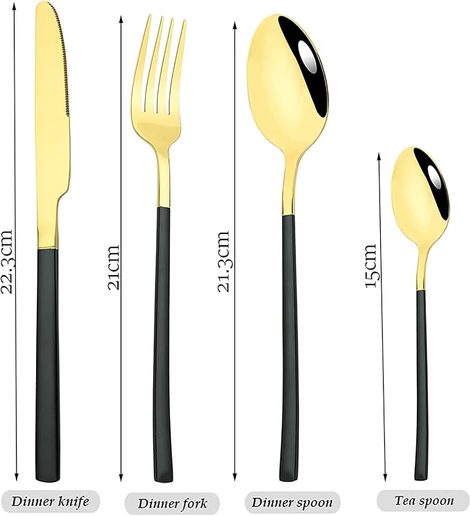 24 Piece Mirror Golden Plated 18/0 Stainless Steel Flatware Set Black Handle With Golden Mouth Silverware Set With Teaspoon Cutlery Set Service for 6
