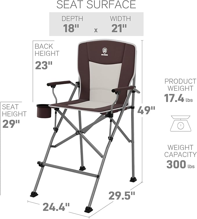 EVER ADVANCED Tall Camping Folding Chair 31 Portable Directors Chair Bar Height Camping Chair with Carry Bag and Footrest Armrest Heavy Duty Supports 300 Lbs Red