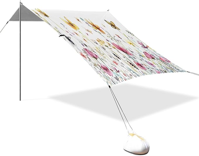 Colorful Botanical Beach Tent Sun Shelter 9.2' x 10.5' Beach Canopy with 4 Sandbags 4 Stability Poles Sand Shovels - Tent Canopy for Beach Camping Fishing Picnics