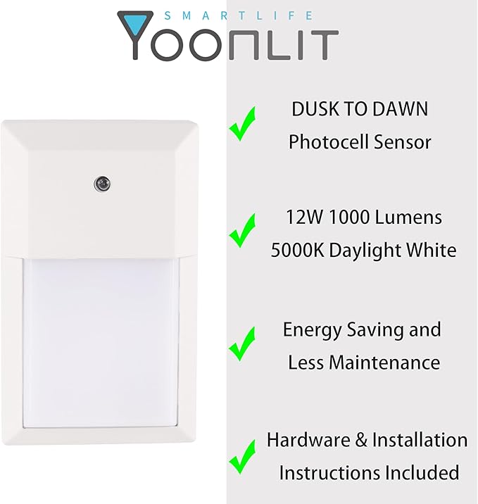 YoonLIT LED Outdoor Wall Pack Light Dusk to Dawn Photocell Waterproof for Porch Garage Stairway Hallway 12W Built in LED 1000 LM 5000K Aluminum Housing Plus PC Cover White 1-Pack