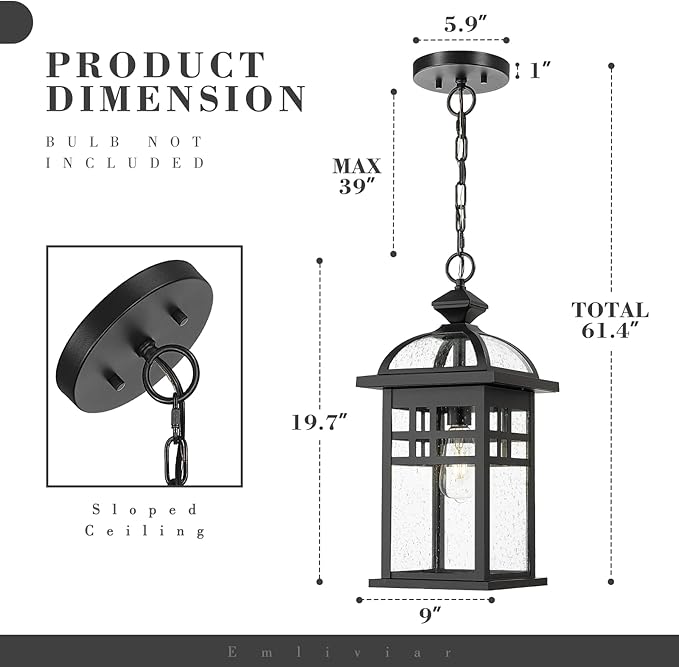 Emliviar 20 Inch Outdoor Pendant Light for Porch Outdoor Chandelier for Porch Die-Cast Aluminum with Seeded Glass Black Finish DE281H-M BK