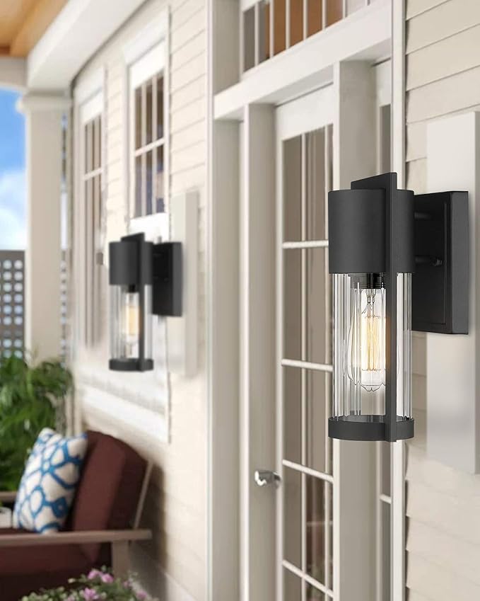 Outdoor Wall Lights 2 Pack Black Exterior Lighting Fixtures Outdoor Waterproof Wall Mount Lantern with Glass Modern Outside Wall Sconce for House Porch Garage Doorway 2254/1W-2PK