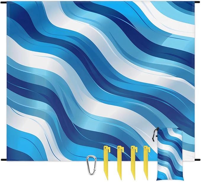 Waterproof Sandproof Beach Blanket 59''×68'' Ripple Polyester Outdoor Picnic Blanket with 4 Stakes &amp Storage Bag for BeachCampingVacation Blue