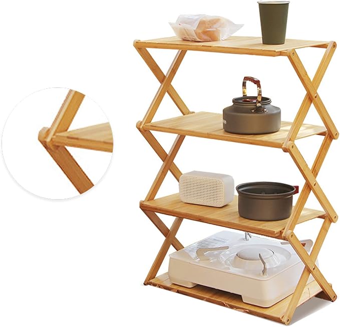 Wood Rack Portable Strong Bearing Capacity Folding Wooden Shelf for Outdoor Picnic 3 Layer Down Into Lightweigh Wood RackFolding Wooden ShelfCamping Portable Folding ShelfFolding (4 Layers)