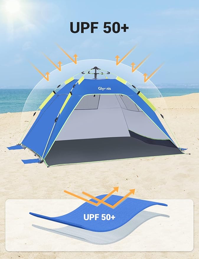Glymnis Pop Up Beach Tent Sun Shade Shelter for 3-4 Person with UPF 50+ Lightweight &amp Easy Setup Vent Windows &amp Zippered Door Extended Floor Family Instant Beach Tent