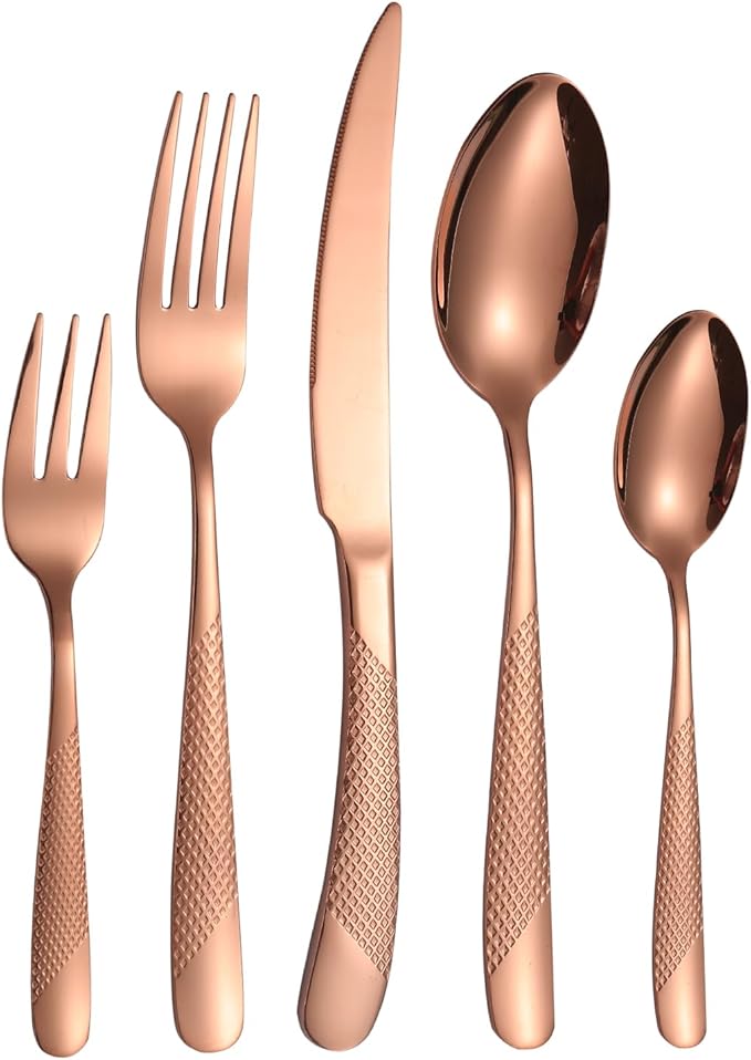 Hammered Flatware Set Copper/Rose Gold Silverware 20 Piece Stainless Steel Service for 4 Forks Knives Spoons Heavy Thickened Handle Elegant Modern Design Kitchen Use Festival Parties