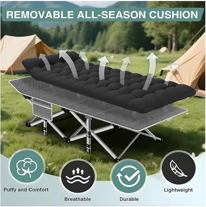 Comfortable and Soft Folding Bed Portable Camping cot with Side Pockets and Mattress Extra-Thick Oversized Folding Bed Weight Capacity of 500/600/700 lbs (Grey 600lbs)