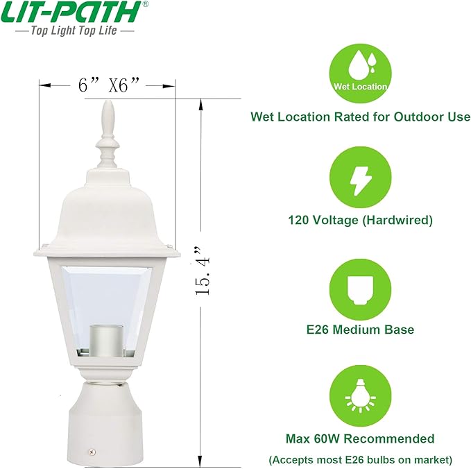 LIT-PaTH Outdoor Post Lighting Fixture Pole Lantern E26 Medium Base Max 60W Aluminum Housing Plus Clear Glass Bulb Not Included Matte White Finish 1-Pack