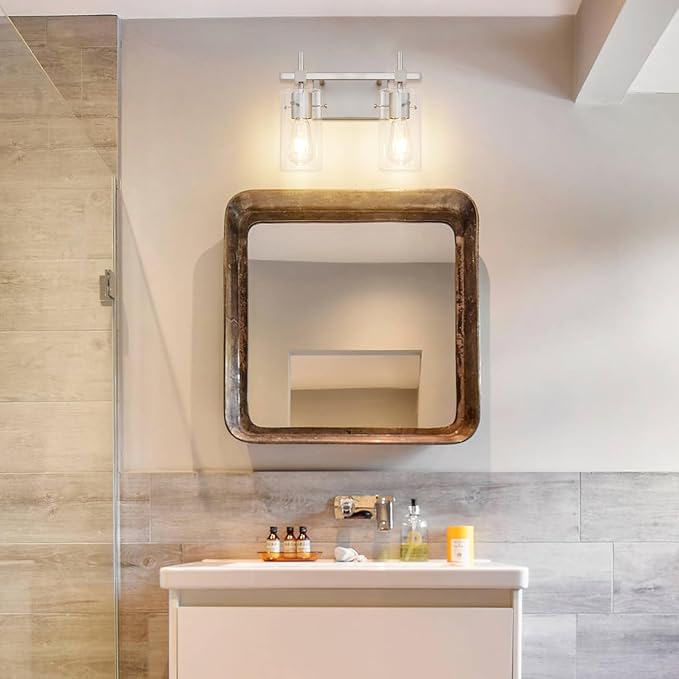 SOLFART 2 Light Wall Scone Vintage Vanity Light Fixtures Brushed Nickel Wall Light for Bathroom Lights Over Mirror with Glass Shade Light Fixtures (Exclude Bulb)