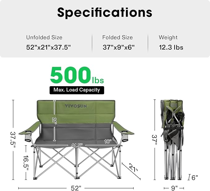 [outlets]VIVOSUN Double Camping Chair Fully Padded Folding Loveseat Portable Oversized Duo Chair with Storage Cup Holders Height-adjustable Armrests &amp Carry Bag Supports up to 500lbs Green &a