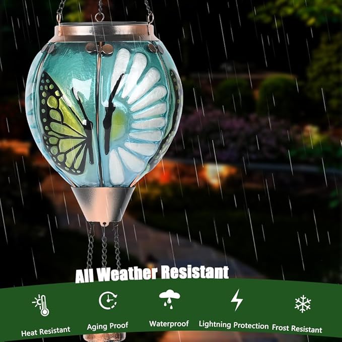 Hot Air Balloon Solar Lantern - Butterfly Stained Glass Lantern Simulated Flickering Dancing Flame Outdoor Hanging Yard Light Waterproof IP65 for Patio Lawn Porch Decor Gift