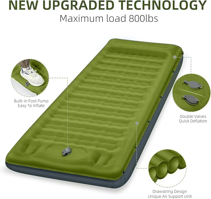 Camping Sleeping Pad Extra Thick 5 Inch Camping Mat with Pillow Built-in Foot Pump Inflatable Sleeping Pads Compact for Camping Backpacking Hiking Traveling Tent（Military Yellow）