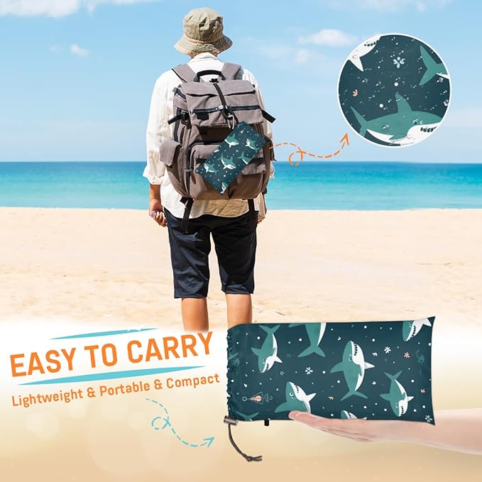 Waterproof Sandproof Beach Blanket 59''×68'' Sharks Polyester Outdoor Picnic Blanket with 4 Stakes &amp Storage Bag for BeachCampingVacation Oceans