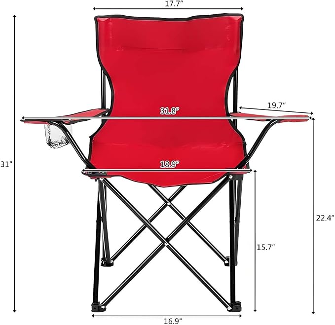 Foldable Camping Chair Portable Camping Chairs with with Arm Rest Cup Holder &amp Carry Bag Lightweight Beach Chair for Adults Collapsible Heavy Duty Arm Chair for Beach Lawn Picnic Red