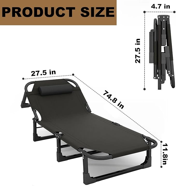 Portable Folding Camping Cot Adjustable 4-Position Adults Reclining Folding Camping Cot Sleeping Bed Cots for Office Pool Beach Patio Camping Lawn Outside (Gray)