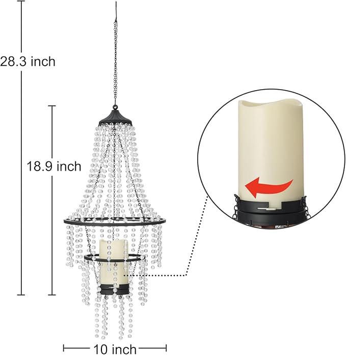 Hanging Candle Chandelier Outdoor Battery Operated Clear Acrylic Beaded Chandelier with Flickering Led Candle Light S Hooks Modern Lantern for Garden Yard Patio Gazebo Room Indoor Decorations 28”H