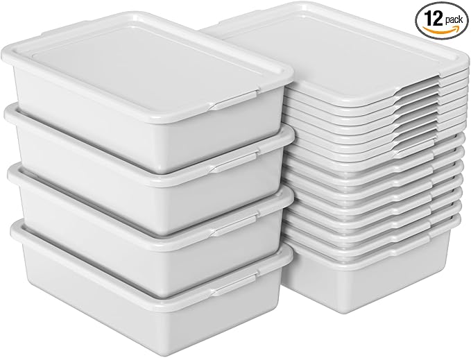 15 L Plastic Commercial Bus Box with Lid 12-Pack Restaurant Dish Tub Gray