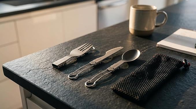 Valtcan Titanium Folding Utensil Set 3 Piece Fork Knife Spoon - 58g Ultralight Locking Hinge Full-Size When Open Pocket-Size When Folded Zero Metallic Taste Grade 1 Ti Carry Pouch Camping EDC