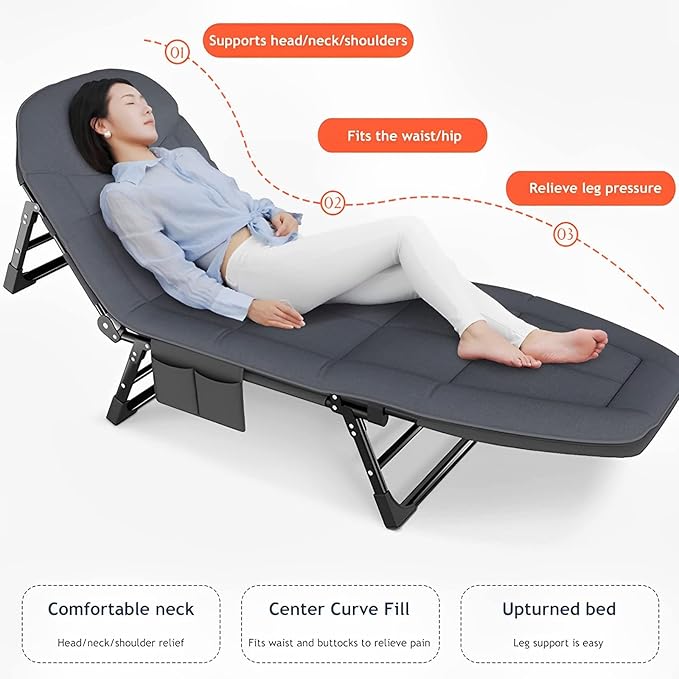 Portable Outdoor Folding Lounge Chair with Adjustable Sleeping Cot Dark Gray Chaise Lounge Chair for Beach Lawn Camping Pool Sun Tanning